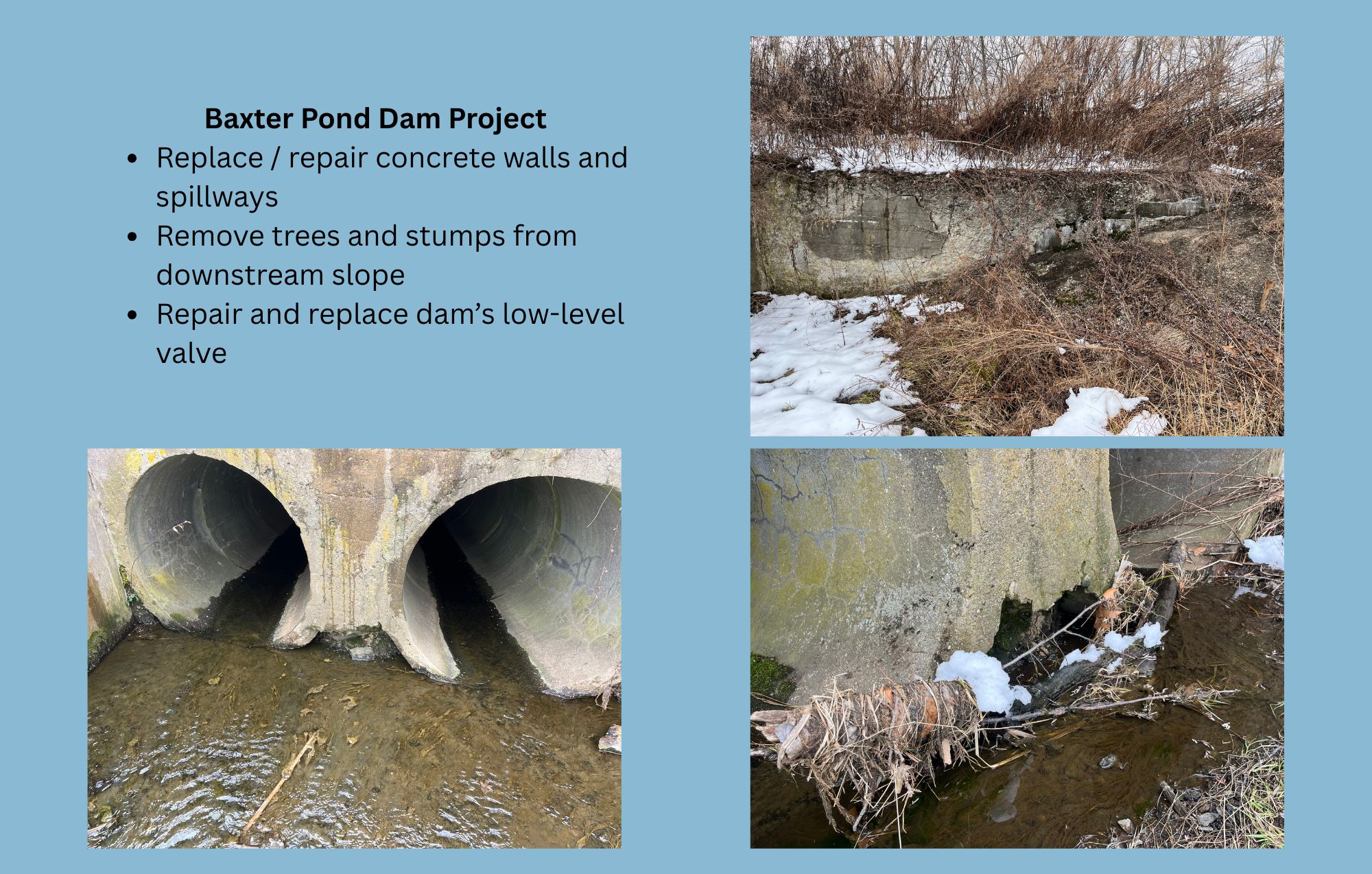Baxter Pond Dam Project Replace and repair concrete walls Remove trees and stumps Repair and replace low level valve
